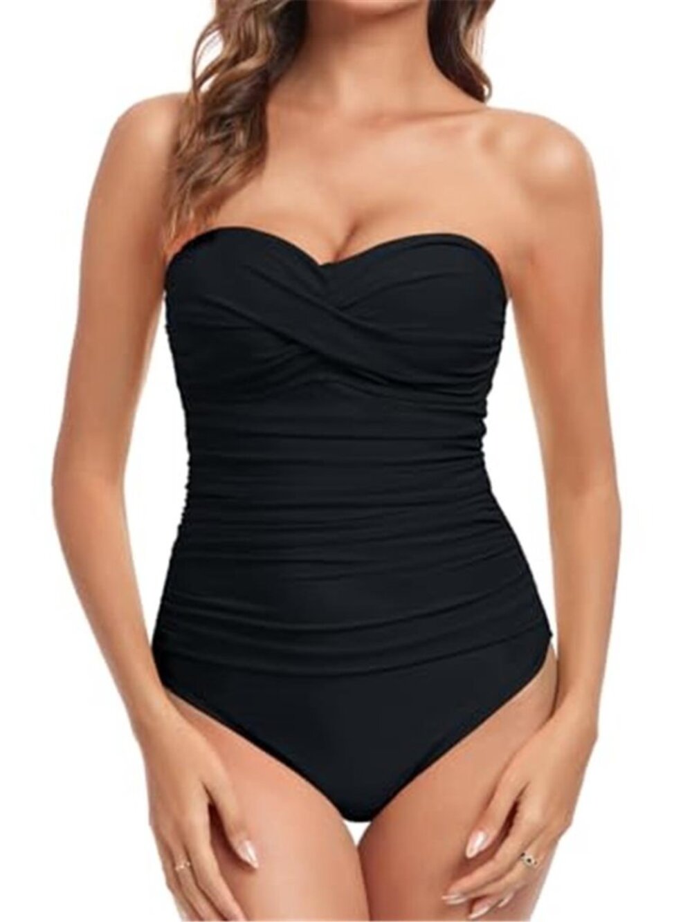 Womens Bandeau One Piece Swimsuit Tummy Control Strapless Push Up Bathing Suit